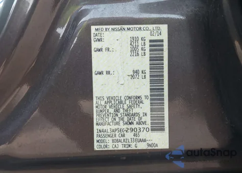 2014 Nissan Altima 2.5/2.5 S/2.5 Sl/2.5 Sv из США, поврежденный, VIN 1N4AL3AP5EC290370